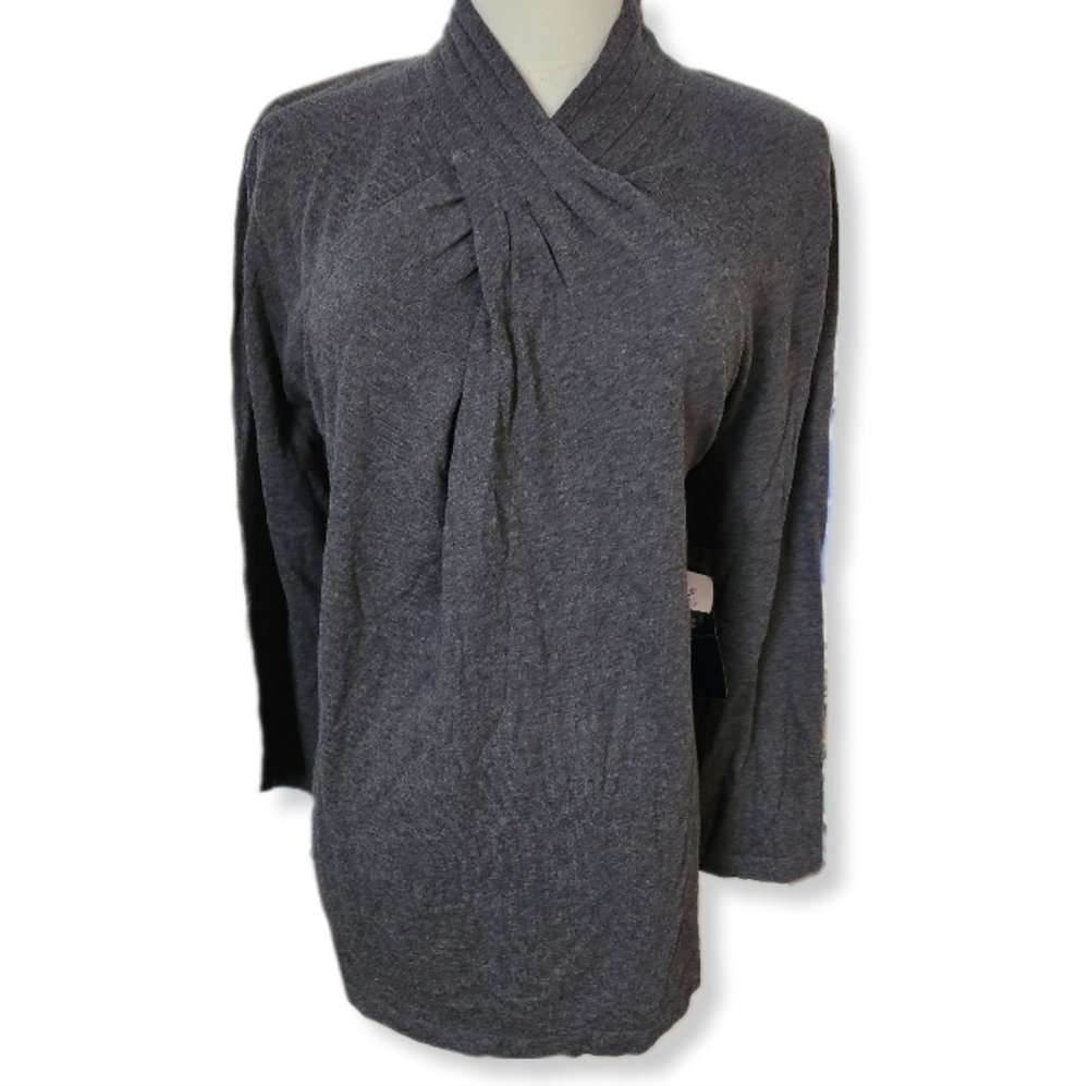 Jones New York Signature Woman Elegant Gray Sweater Pleated Crossover Detail 2X